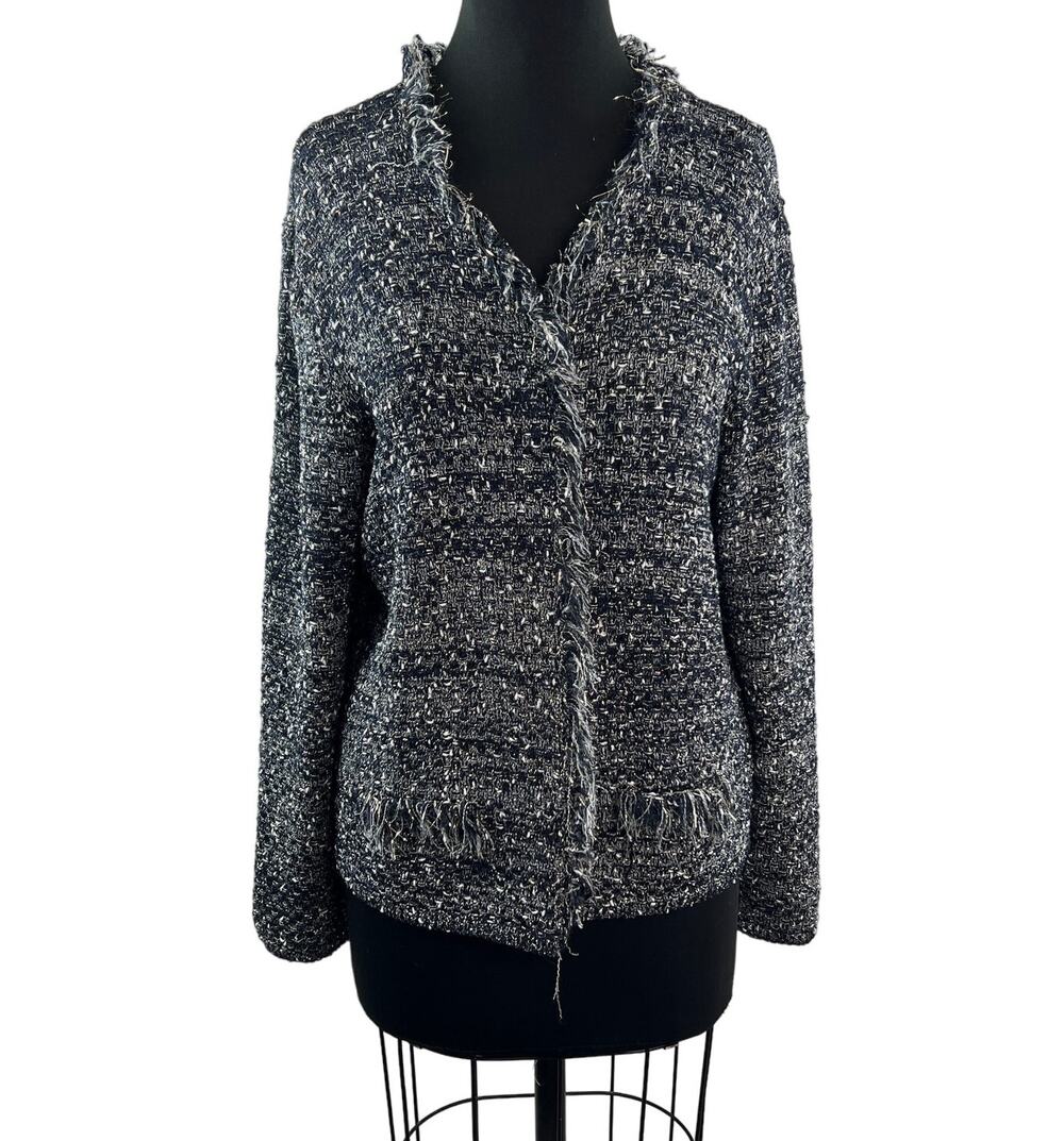 UN JOUR AILLEURS Fringe Tweed Cardigan Jacket Black White Long Sleeves Size 4
